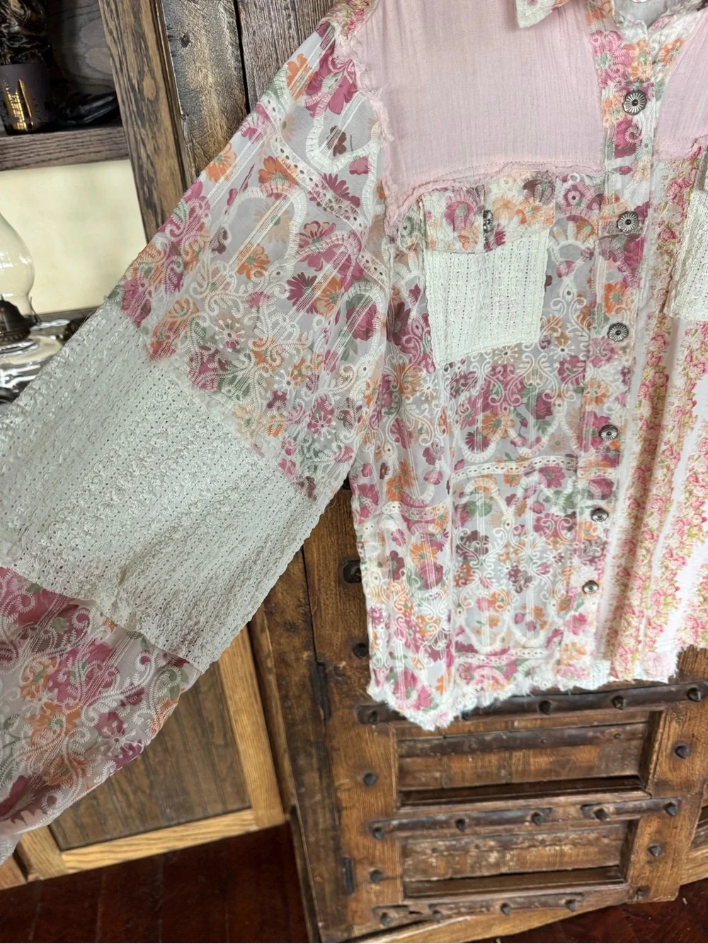 POL Patchwork Floral Button-Up Shirt Jacket in Pink & Cream - Picture 5 of 10